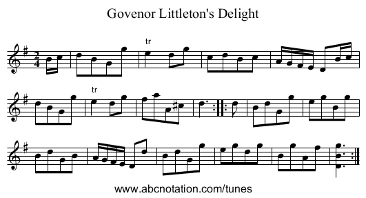 Govenor Littleton's Delight - staff notation