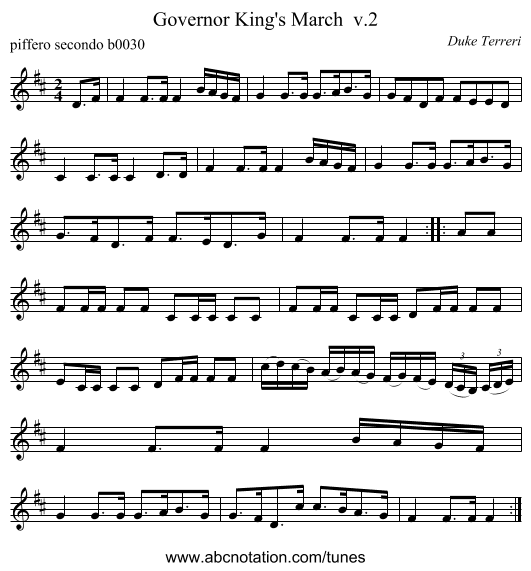 Governor King's March  v.2 - staff notation