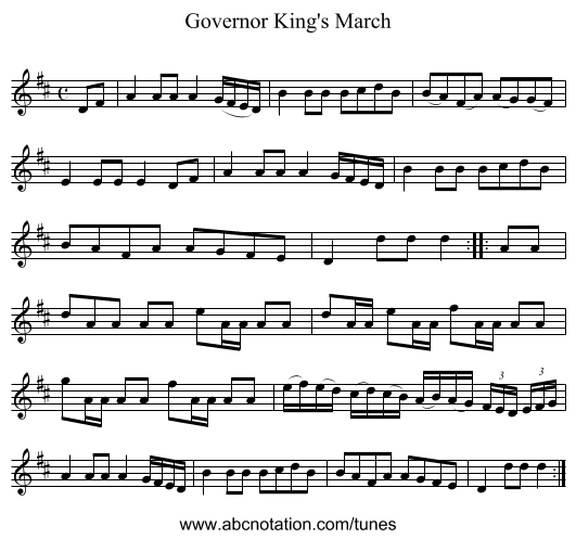 Governor King's March - staff notation