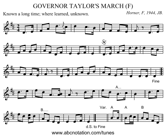 GOVERNOR TAYLOR'S MARCH (F) - staff notation