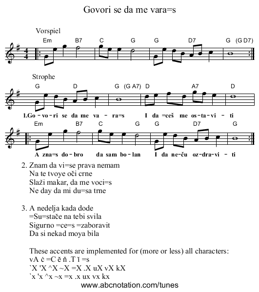 Govori se da me vara\=s - staff notation
