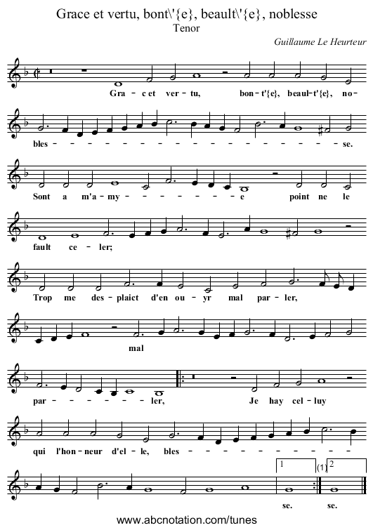 Grace et vertu, bont&eacute;, beault&eacute;, noblesse - staff notation