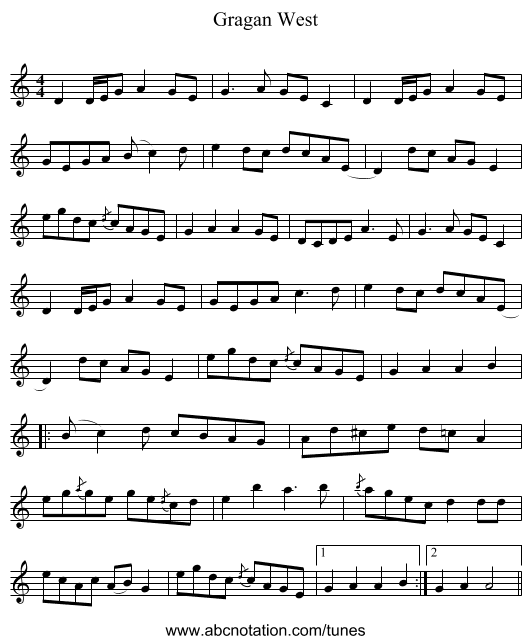 Gragan West - staff notation