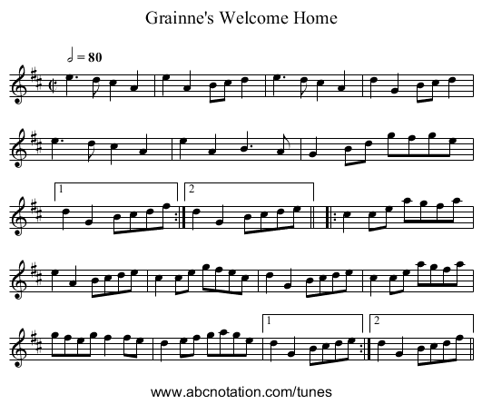 Grainne's Welcome Home - staff notation