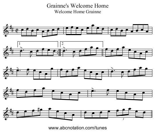 Grainne's Welcome Home - staff notation