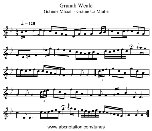 Granah Weale - staff notation