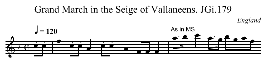 Grand March in the Seige of Vallaneens. JGi.179 - staff notation