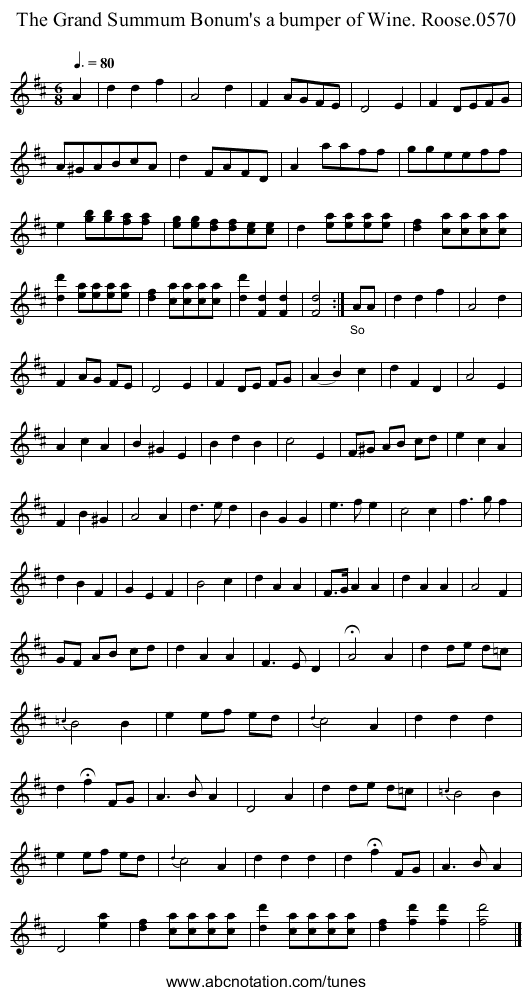 Grand Summum Bonum's a bumper of Wine. Roose.0570, The - staff notation