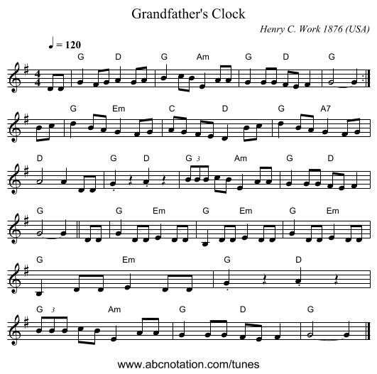 Grandfather's Clock - staff notation