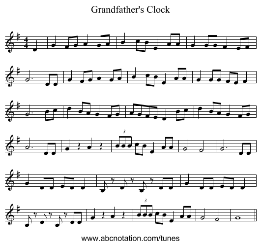 Grandfather's Clock - staff notation