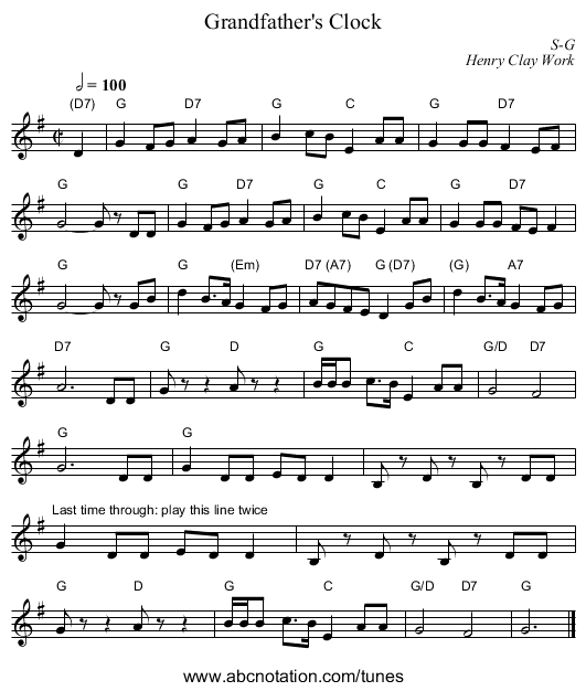 Grandfather's Clock - staff notation