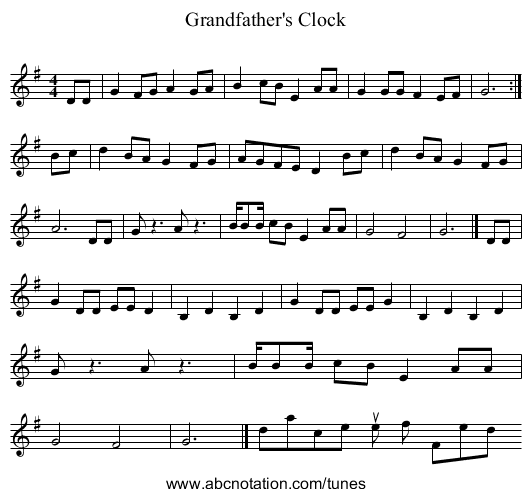 Grandfather's Clock - staff notation