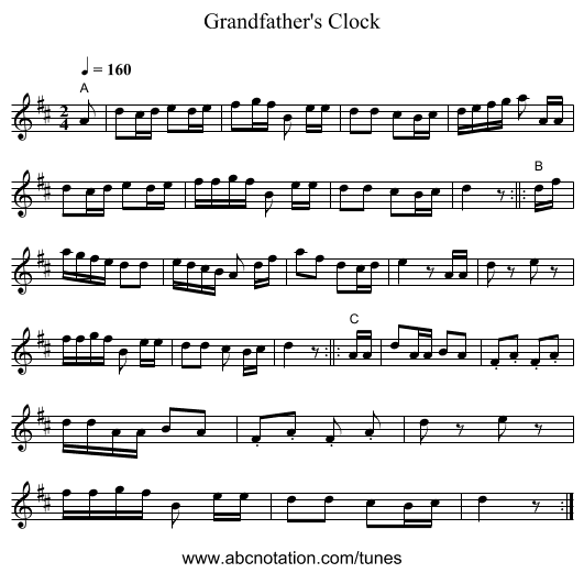 Grandfather's Clock - staff notation