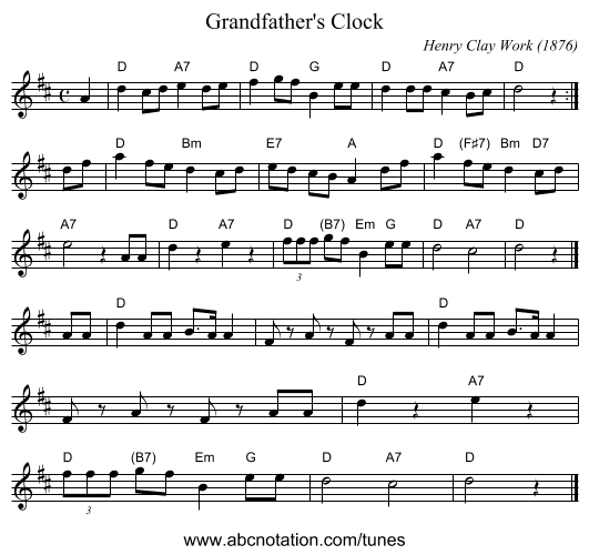 Grandfather's Clock - staff notation