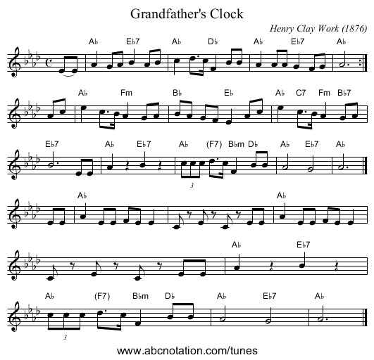 Grandfather's Clock - staff notation