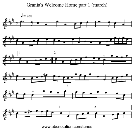 Grania's Welcome Home part 1 (march) - staff notation
