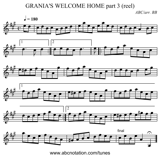 GRANIA'S WELCOME HOME part 3 (reel) - staff notation
