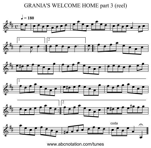 GRANIA'S WELCOME HOME part 3 (reel) - staff notation