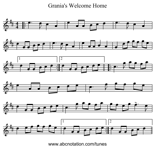 Grania's Welcome Home - staff notation