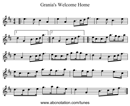 Grania's Welcome Home - staff notation