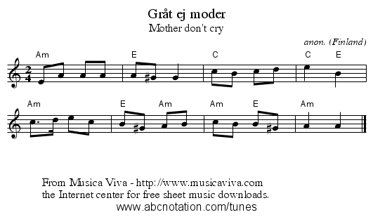 Gr&aring;t ej moder - staff notation