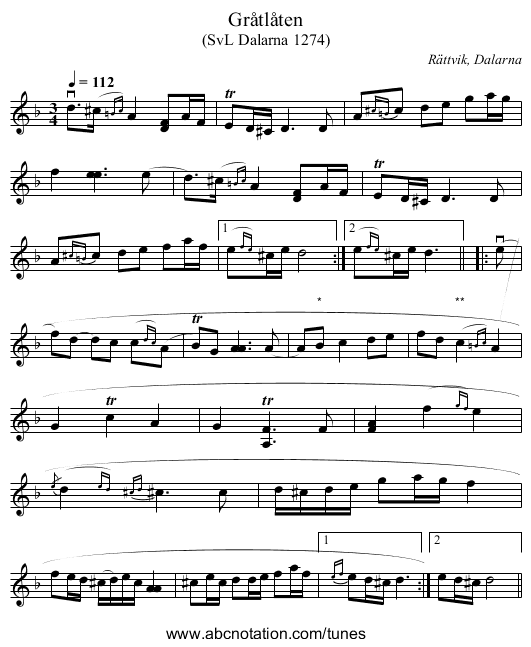 Gråtlåten - staff notation