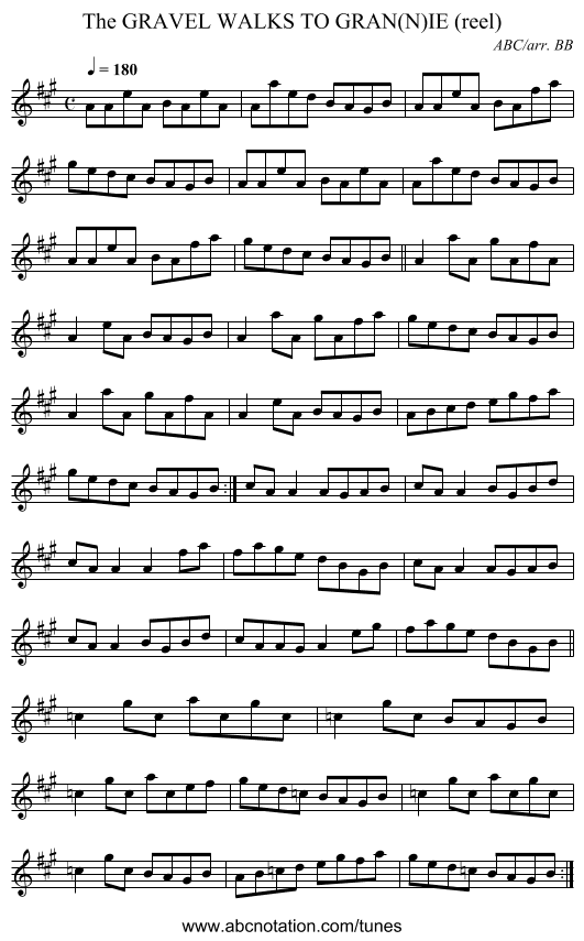 GRAVEL WALKS TO GRAN(N)IE (reel), The - staff notation