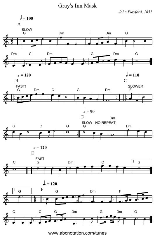 Gray's Inn Mask - staff notation
