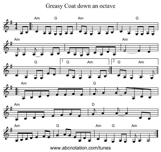 Greasy Coat down an octave - staff notation