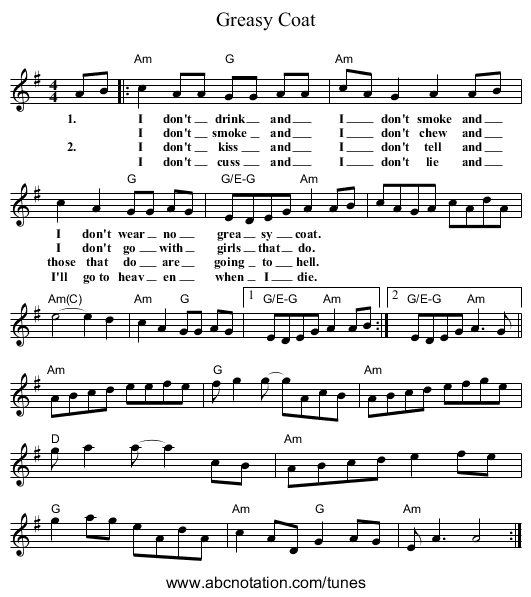 Greasy Coat - staff notation