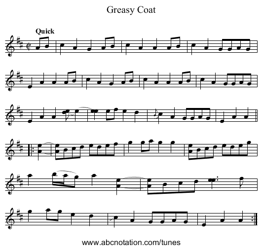 Greasy Coat - staff notation