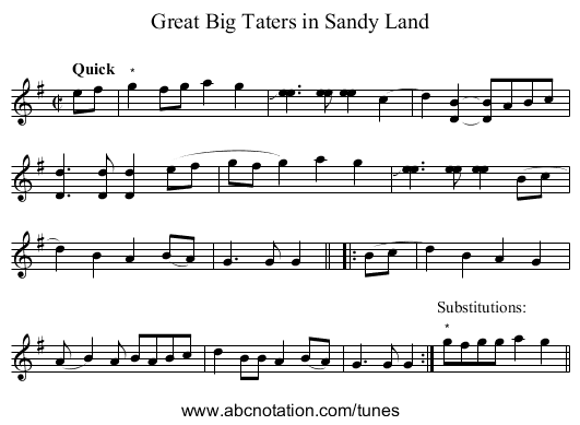 Great Big Taters in Sandy Land - staff notation