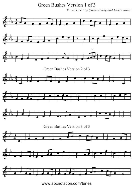 Green Bushes Version 1 of 3 - staff notation