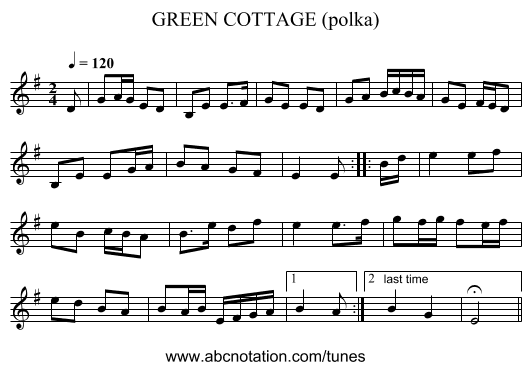 GREEN COTTAGE (polka) - staff notation