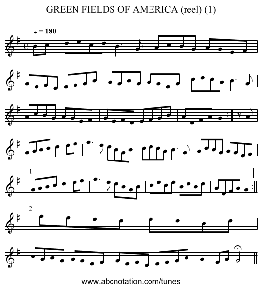 GREEN FIELDS OF AMERICA (reel) (1) - staff notation