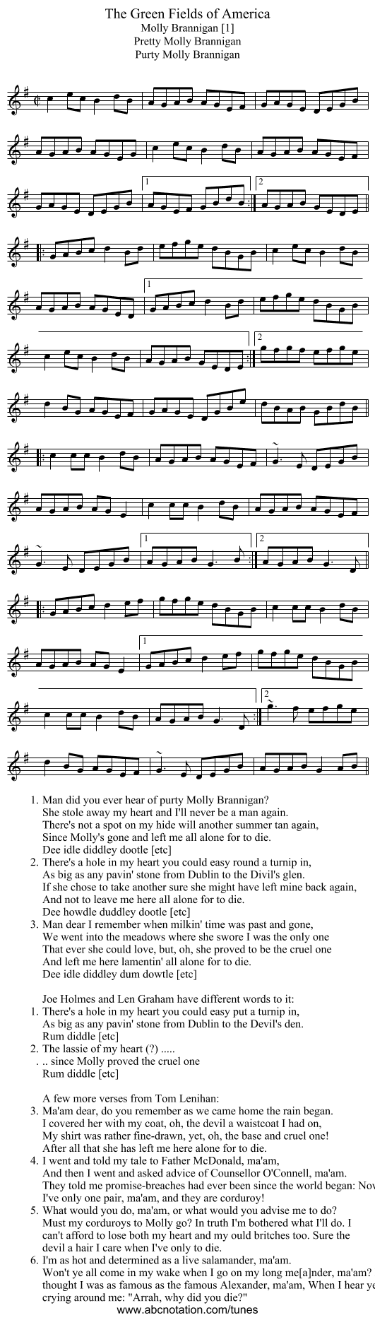 Green Fields of America, The - staff notation