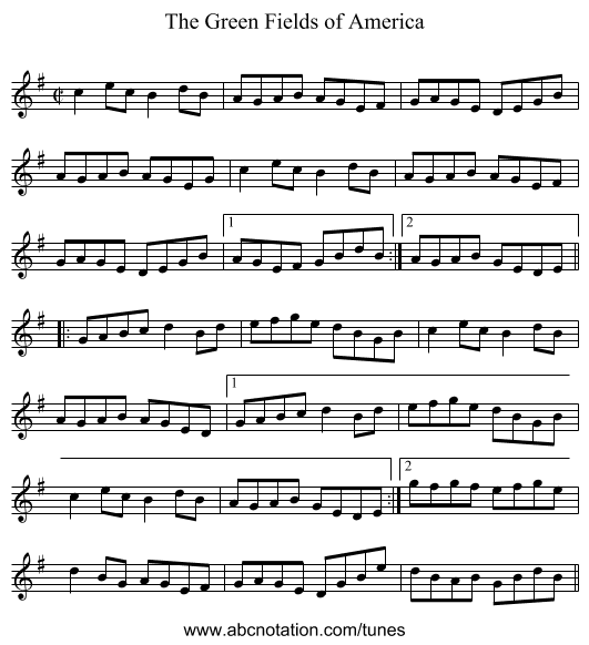 Green Fields of America, The - staff notation