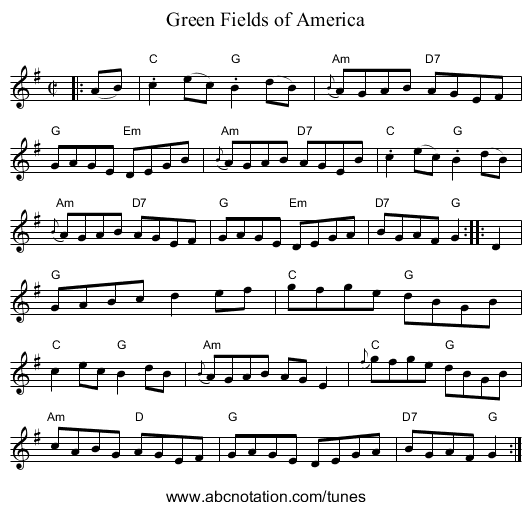 Green Fields of America - staff notation