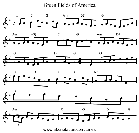 Green Fields of America - staff notation