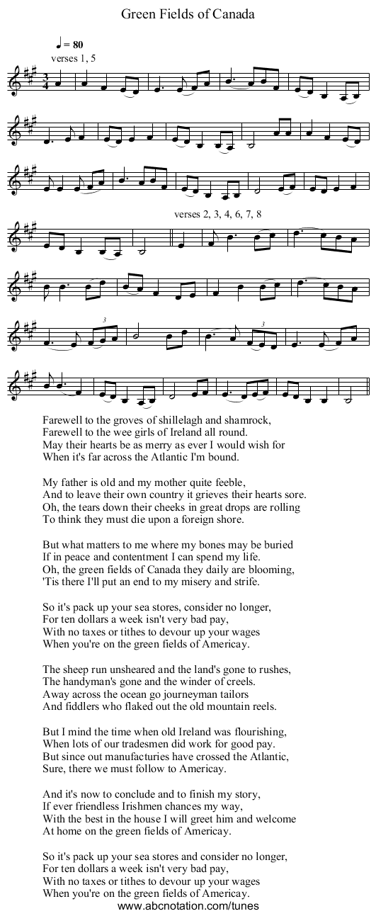Green Fields of Canada - staff notation