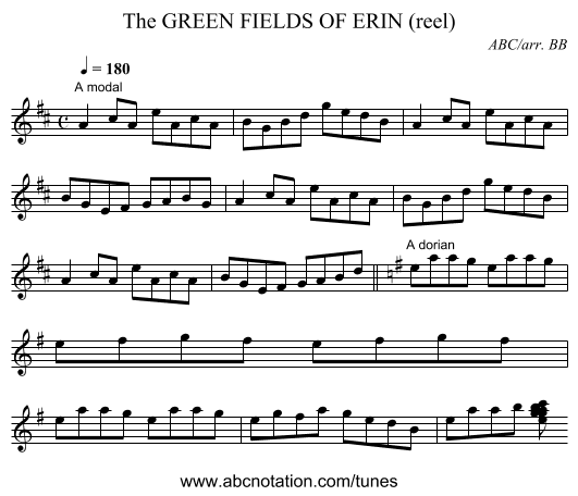 GREEN FIELDS OF ERIN (reel), The - staff notation
