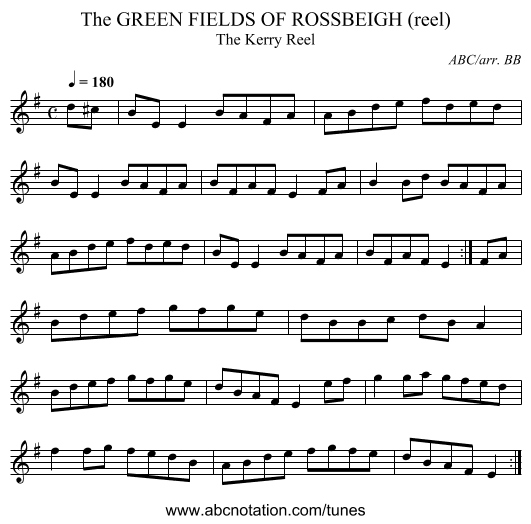 GREEN FIELDS OF ROSSBEIGH (reel), The - staff notation