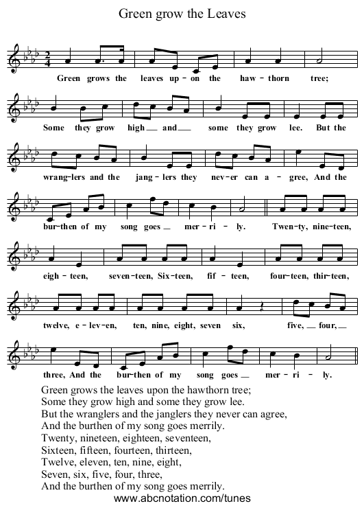Green grow the Leaves - staff notation