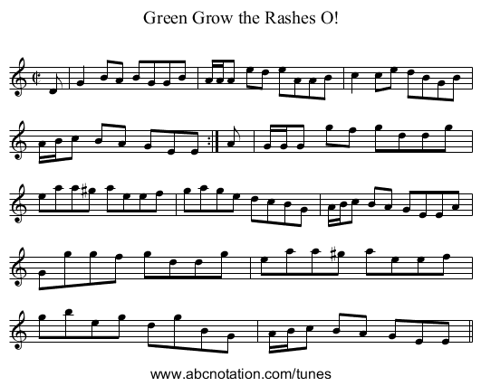 Green Grow the Rashes O! - staff notation