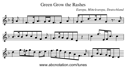 Green Grow the Rashes - staff notation