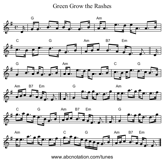 Green Grow the Rashes - staff notation
