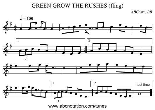 GREEN GROW THE RUSHES (fling) - staff notation