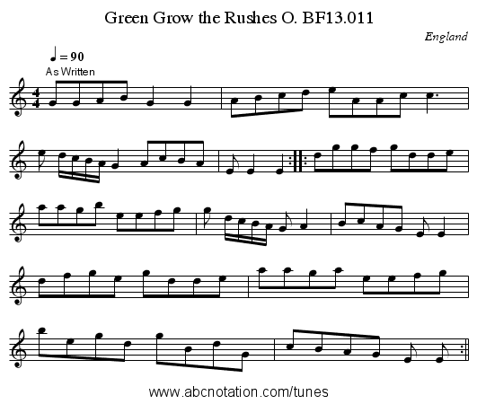 Green Grow the Rushes O. BF13.011 - staff notation