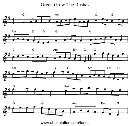 Green Grow The Rushes - staff notation