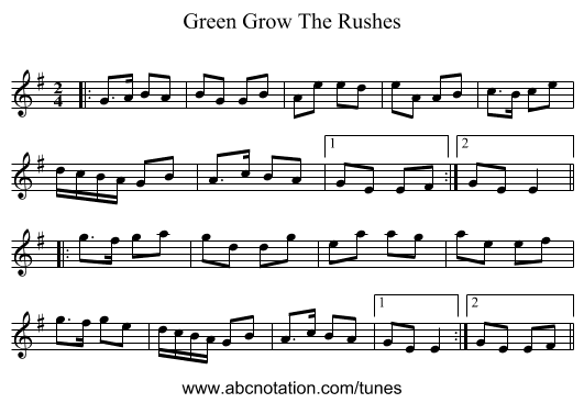 Green Grow The Rushes - staff notation